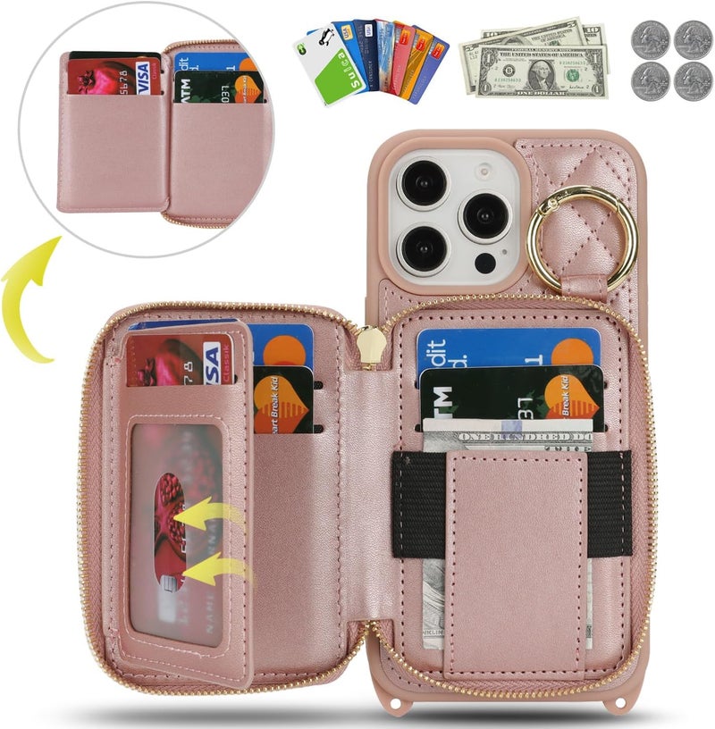 Hamany Crossbody Wallet Case for iPhone 16 Pro Max, PU Leather Zipper Handbag Purse Flip Cover, Kickstand Folio Case with Card Slots Holder Wrist Strap Lanyard 5G 6.9 Inch-Rose Gold - Image 2